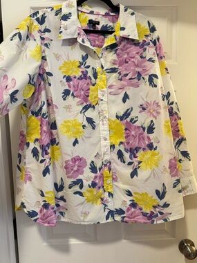 📌Talbots 3X Floral Button-Up Top in White with Yellow, Pink & Blue